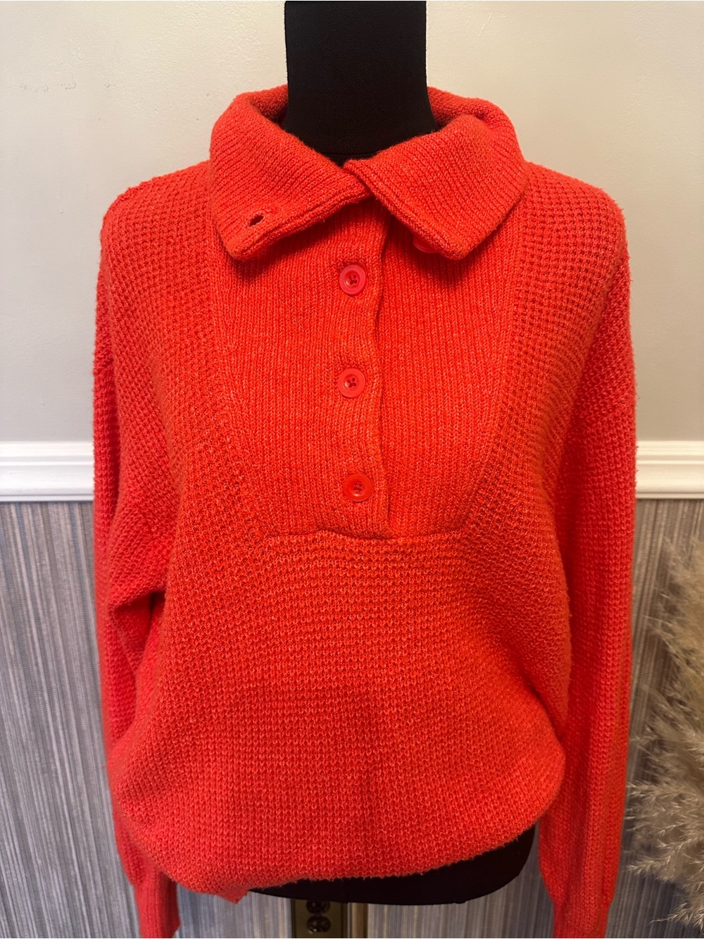 Aerie Coral Waffle Knit Henley Sweater Mock Neck Oversized Small